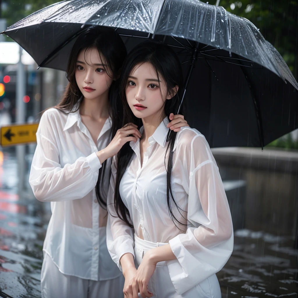 Hair getting wet in the rain、Transparent shirt、Beautiful woman getting wet in the rain、typhoon、Get wet without an umbrella、Beautiful woman in the rain、雨で濡れたBeautyOL、Detailed face、Realistic、beautiful girl、Beauty、Office Lady Uniform、beauty、Beautiful woman、Narrow waist、Handsome woman、Tight pants look、suit、Sexy pose、タイトなsuitパンツ、雨で濡れたsuit、Wet shirt、See-through shirt、Shot in heavy rain、See-through underwear