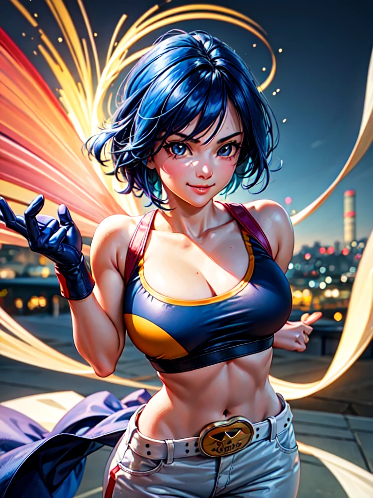 (at night), in a video game scene, a background of a beautiful city during the day raining, standing at attention, semi-short blue hair, a blue t-shirt on the chest, it has the face of a smiling frog type logo, a large belt on the chest. waist, blue fingerless gloves, white exercise pants ((blue hair)), 1 girl, alone, 20 years old, young woman, perfect hands, beautiful fingers, beautiful long legs, beautiful body, beautiful nose, beautiful character design, perfect face, looking at viewer with serious gesture (focusing on his face), closed mouth, Light_Smile, official art, extremely detailed CG unity 8k wallpaper, perfect lighting, bright and colorful front lighting, glowing skin (masterpiece: 1.0) , (best_quality: 1.0), ultra high resolution, 4K, ultra detailed photography, 8K, HDR, high resolution, absurd:1.2, Kodak portra 400, film grain, blurred background, bokeh:1.2, lens flare, (vibrant_color: 1.2), professional photography, (Beautiful, breasts: 1.4), (beautiful_face: 1.5), (narrow waist),