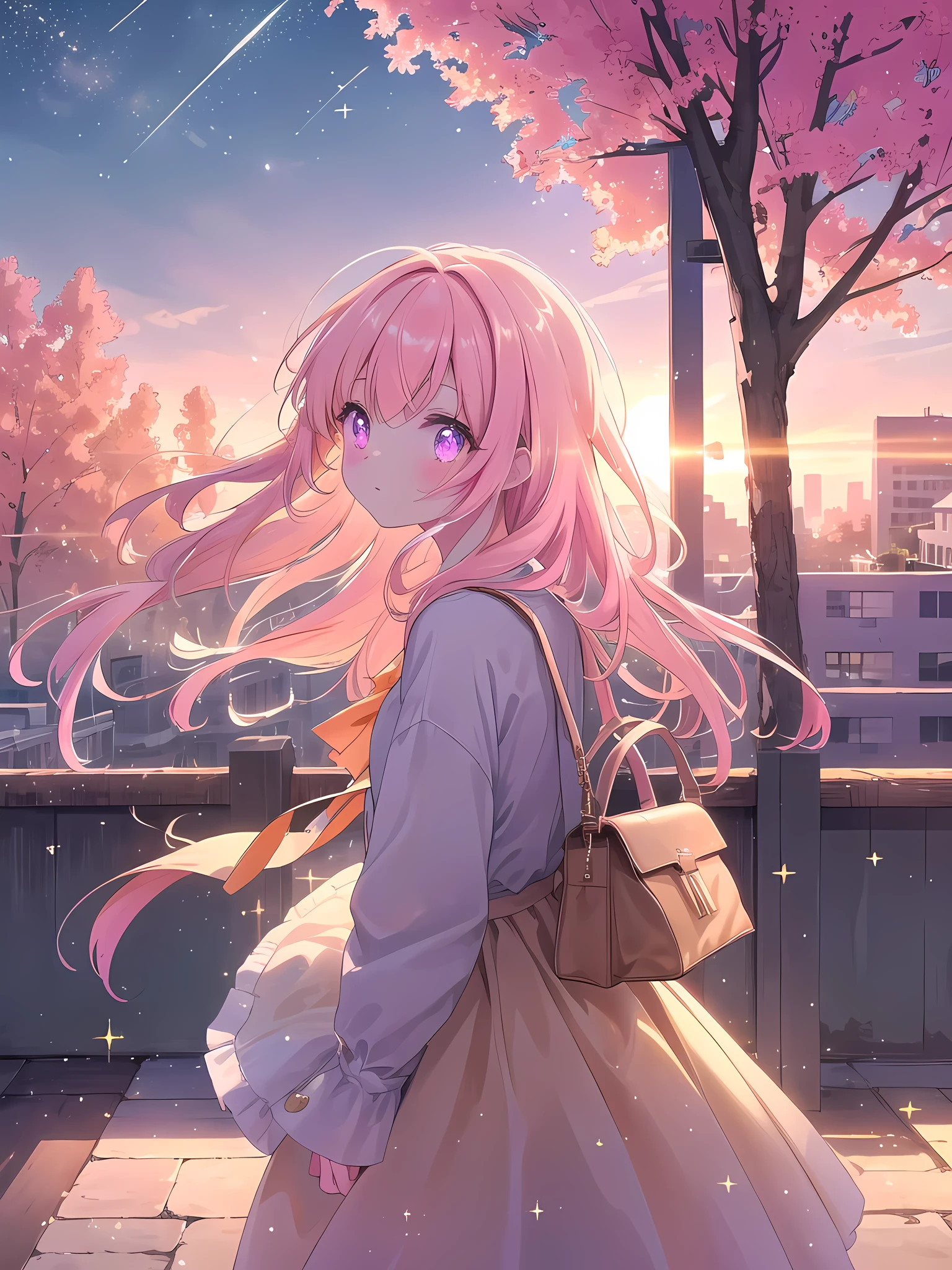 ((8k, best quality, master piece: 1.3)),super high resolution,(1 girl, solo), (colorshift eyes, hyperdetailed, expressive sparkling, glitter, glowing eyes), ultra detailed eyes, ultra-detailed face, random hair, ((pastel color)), Back view, In the School Rooftop、A girl standing with the sunset in the background。Hair swaying in the wind、、A bag swinging on your back、Knee-length skirt, A breathtaking scene bathed in the warm, golden light of the setting sun. The light casts long, soft shadows and creates a warm glow that envelops the entire image. The sky is a mix of oranges, pinks, and purples, adding to the serene and peaceful atmosphere.