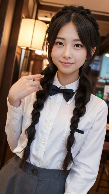 1 female, dimly lit waitress, ポーズ, かわいい, Pointed upwards, Long Hair, ポニーテール, big braided hair, Black Hair, Iris, from the front, indoor, Very nice and beautiful, Japanese, (riho yosioka), Nikon, dutch angle, masterpiece