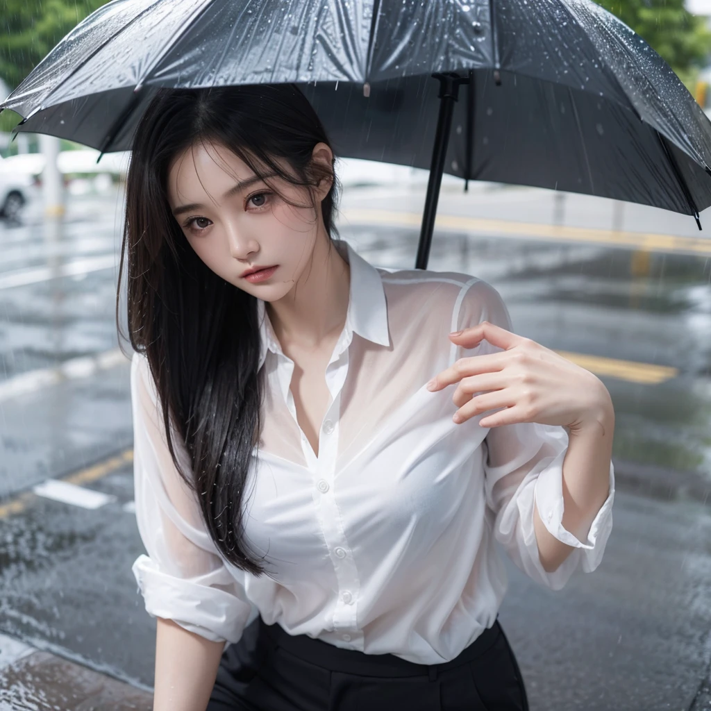 Hair getting wet in the rain、Transparent shirt、Beautiful woman getting wet in the rain、typhoon、Get wet without an umbrella、Beautiful woman in the rain、雨で濡れたBeautyOL、Detailed face、Realistic、beautiful girl、Beauty、Office Lady Uniform、beauty、Beautiful woman、Narrow waist、Handsome woman、Tight pants look、suit、Sexy pose、タイトなsuitパンツ、雨で濡れたsuit、Wet shirt、See-through shirt、Shot in heavy rain、See-through underwear