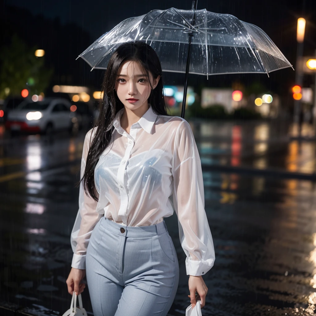Hair getting wet in the rain、Transparent shirt、Beautiful woman getting wet in the rain、typhoon、Get wet without an umbrella、Beautiful woman in the rain、雨で濡れたBeautyOL、Detailed face、Realistic、beautiful girl、Beauty、Office Lady Uniform、beauty、Beautiful woman、Narrow waist、Handsome woman、Tight pants look、suit、Sexy pose、Tight skirt、雨で濡れたsuit、Wet shirt、See-through shirt、Shot in heavy rain、See-through underwear