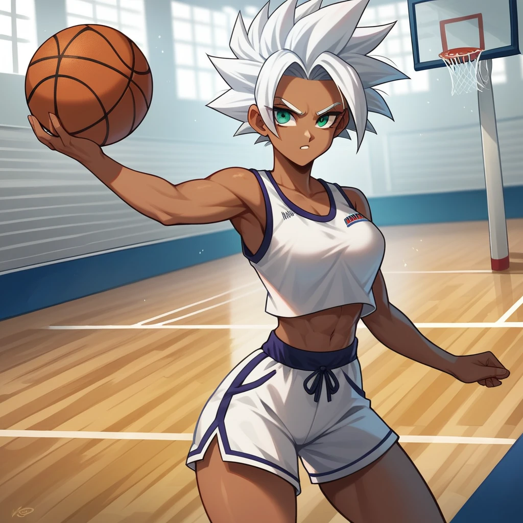1girl, alone, Saiyan, spiky white hair combed back , green eyes, slim, thin waist, wide hips, dark skin, medium breasts,shirt number 10, white sports shorts, throwing the ball into the basket, making a dunk, on a street basketball court
