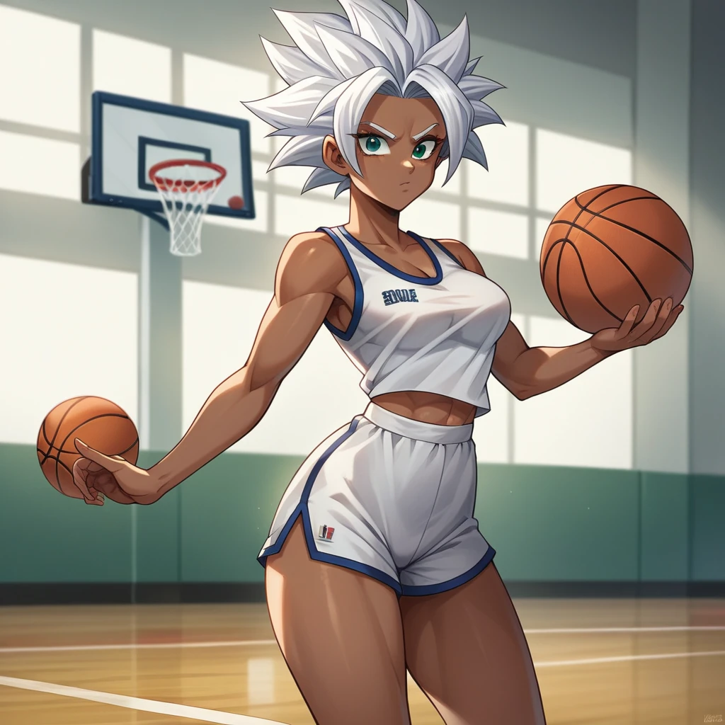 1girl, alone, Saiyan, spiky white hair combed back , green eyes, slim, thin waist, wide hips, dark skin, medium breasts,shirt number 10, white sports shorts, throwing the ball into the basket, making a dunk, on a street basketball court