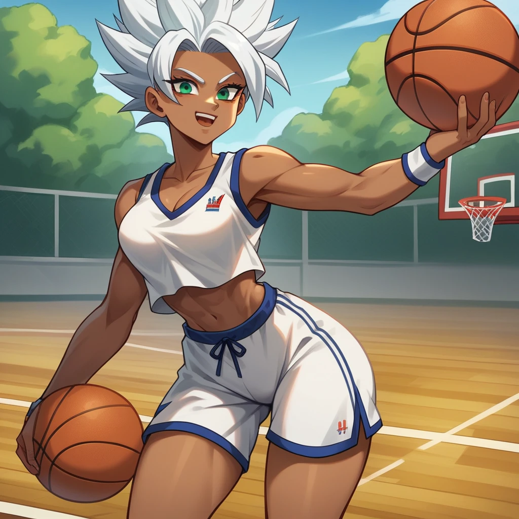 1girl, alone, Saiyan, spiky white hair combed back , green eyes, slim, thin waist, wide hips, dark skin, medium breasts,shirt number 10, white sports shorts, throwing the ball into the basket, making a dunk, on a street basketball court