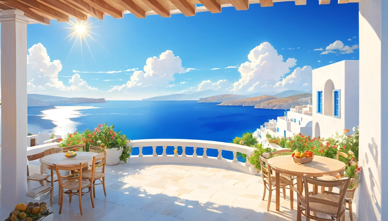 Landscape View,Greek seaside terrace，The sun shines brightly in the blue sky,Round white cloud