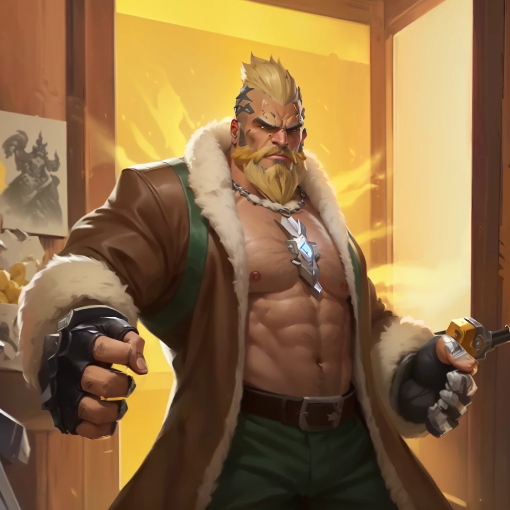 there is a man with a beard and a jacket holding a knife, super buff and cool, doomfist, buff man, buff painting, very buff, painted portrait of rugged zeus, portrait of rugged zeus, barret frymire, manly monster tough guy, doomfist from overwatch, a portrait of junkrat, jake parker, berserker potrait