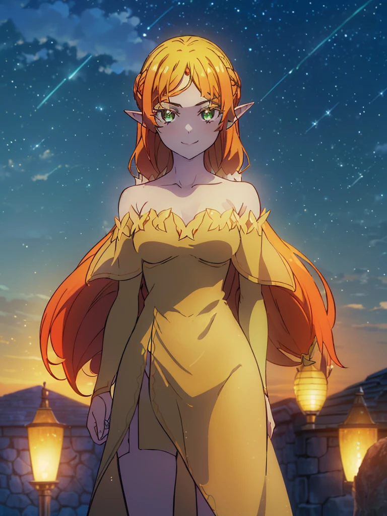 ((masterpiece,best quality, detailed)), ultra-detailed, detailed hair, deep shadows, hard rim lighting,((dramatic lighting)),sharp focus, cowboy shot, (1girl:1.2), solo,( long hair:1.3), (floating hair:1.2), (seductive smile:1.1),medium breasts,pointy ears, forehead jewel, standing, looking at viewer, (sea:1.3),(starry sky:1.3) , (sui\(xiannv\):1.4) ,shooting star,