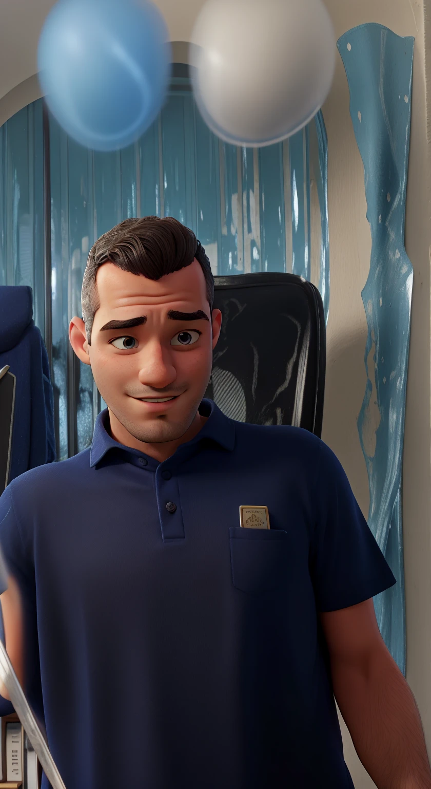 Fabiano wears a blue dress shirt in the background of a library