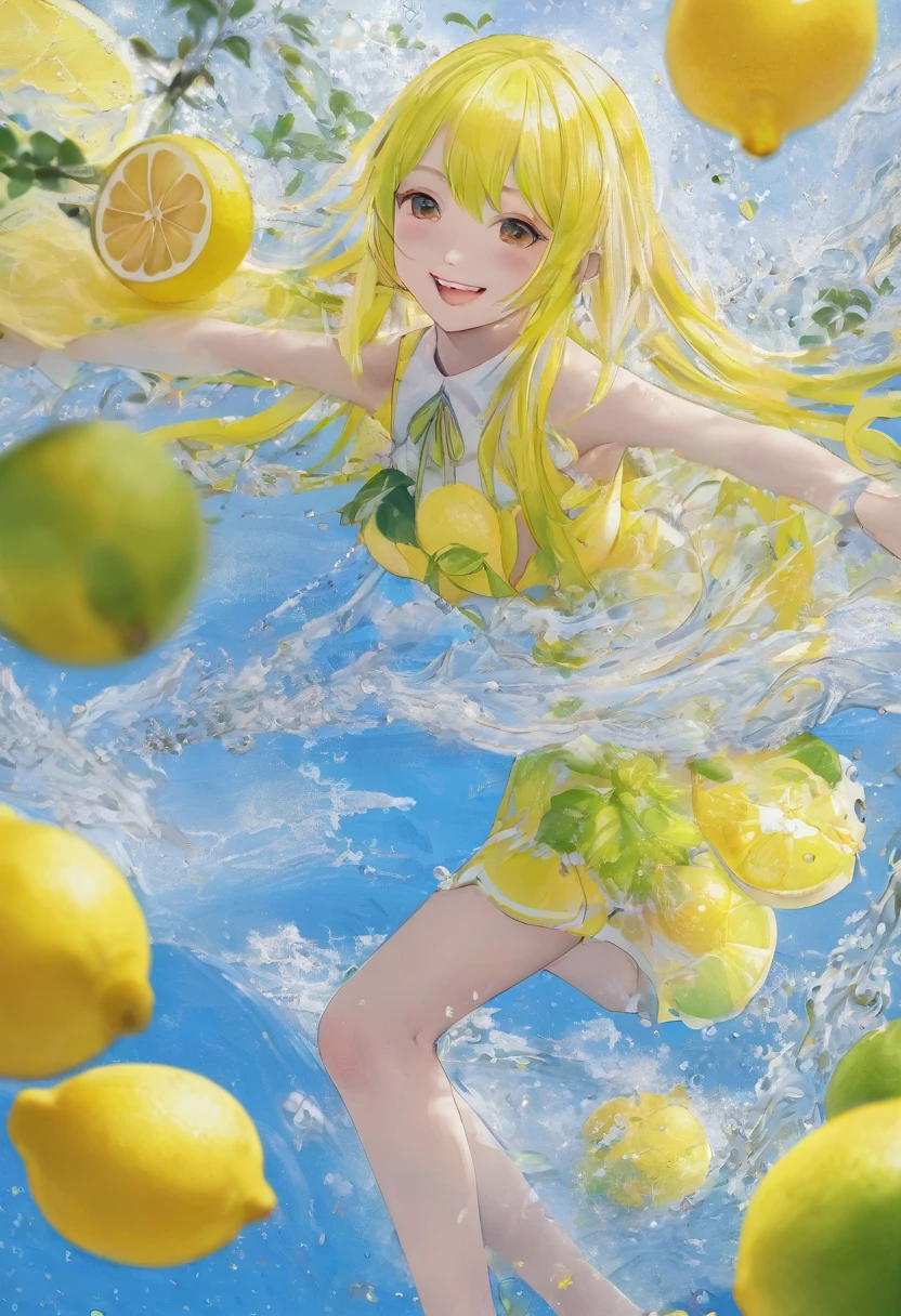 解剖学的に正Shii, Winner of numerous awards, High resolution, masterpiece, High detail, Textured skin, pretty girl、Lemon Cosplay、Lemon dress、Lemon juice、Juicy、Rui々Shii、fruits、たくさんのfruits、smile、Uplifting、Vibrant、Run、Wind、water、colorful、Bright Picture