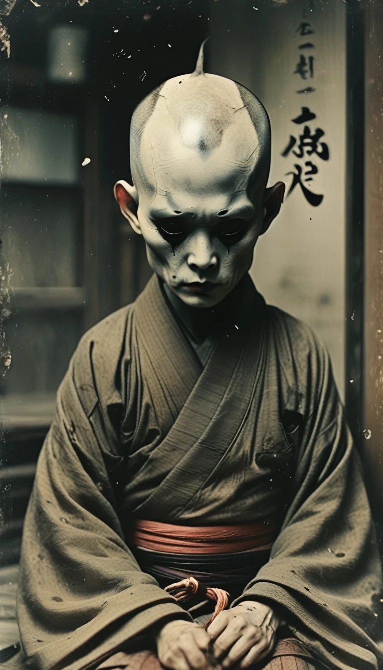 ghost、Bald Head、Only the head is abnormally large、There is a reddish-black bump on the forehead,Horns growing、Are crying、Wearing a kimono,Dirty skin color、