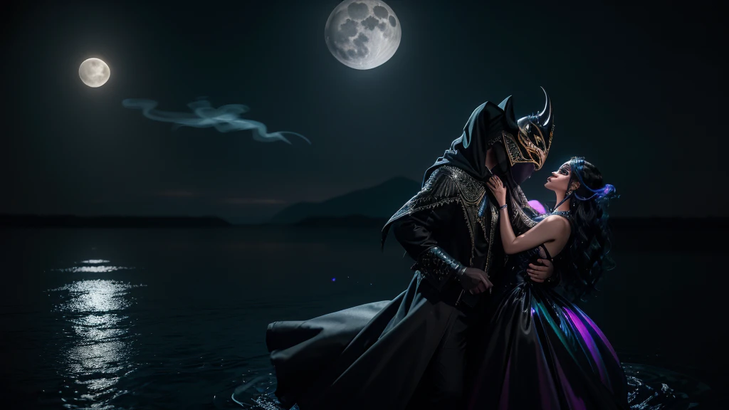 long shot, mystery mask man in black masquerade clothes dancing with a beautiful dress masquerade woman on water, full moon in the night sky, high detail, wide shot, 4K, 3D, REALISTIC, (iridescent glow smoke), UHD, 32K, very bold neon colors, black light, neon light