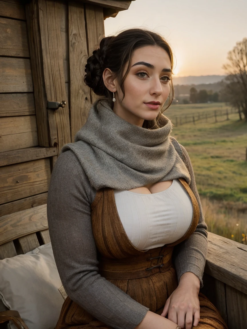 Gorgeous and sultry busty athletic (thin) brunette peasant with sharp facial features wearing a modest updo, messy bun, medieval cap, (wimple), shawl, coarse wool dress, rough-spun grey and brown medieval dress, long sleeves, wide neck, long dress, tight bodice, corset, Middle Ages, cottage, farm, exterior, trees, countryside, evening, sunset.