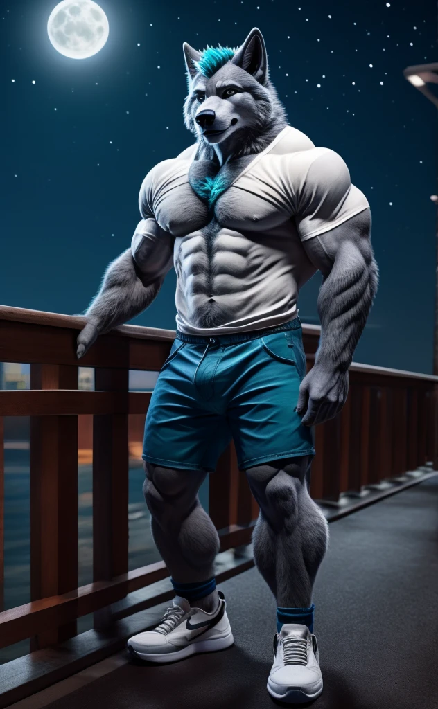 Lex has grey fur with white laccented by teal fur covering his back and the top of his head, with blue hair, He has gray fur on the bridge of his black nose, he wears a blue t-shirt and white sweater, a pair of slim dark gray chinos, and nike shoes, jeans shorts. anthro wolf, male, adult, muscles, grey fur, buffed body, tail, sexy, beefy body, furred body, furry chest hair, realistic, full body, photorealistic, ultra realistic, 8k, night, bare-chested