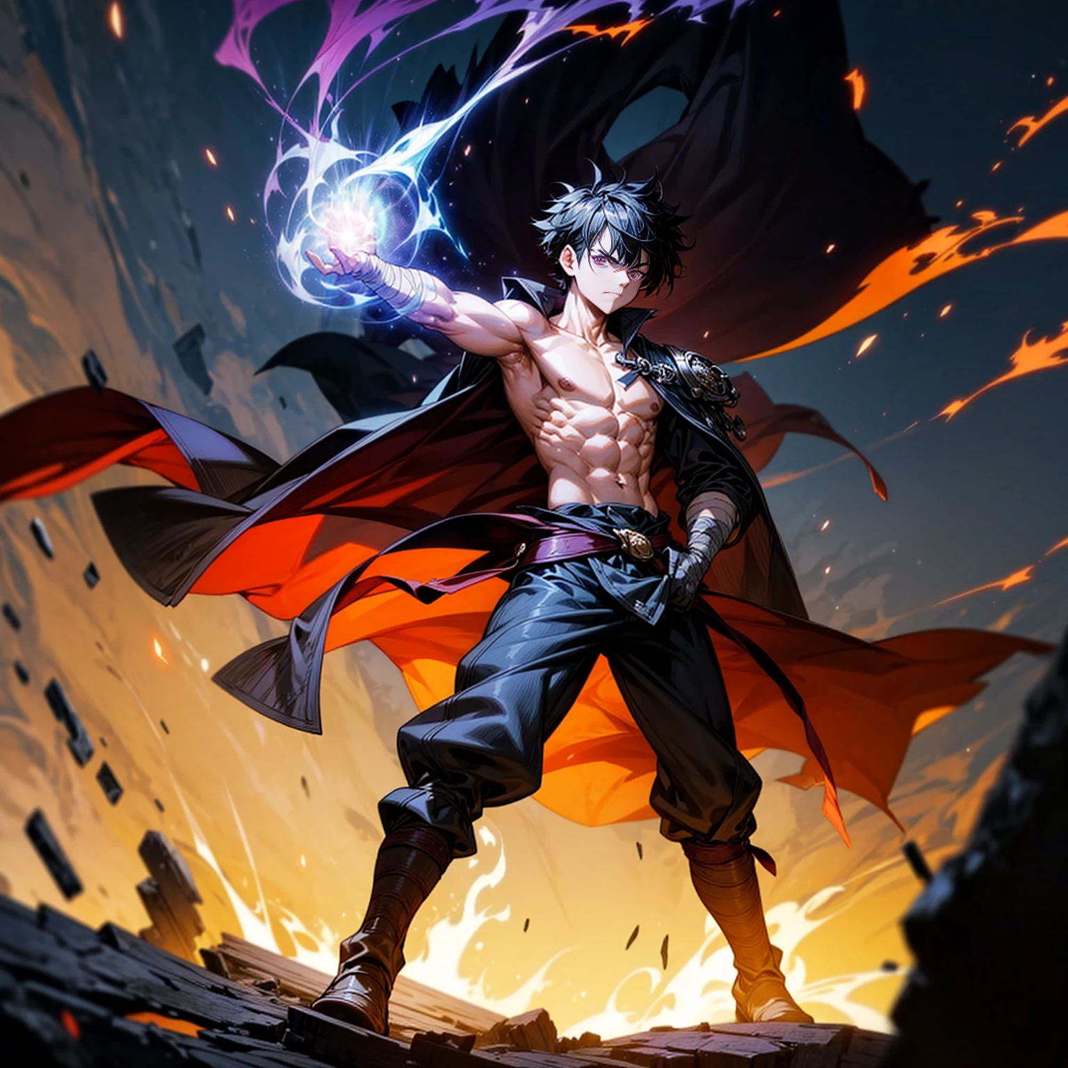 1boy, muscle, Full body version, 1character, purple eyes, short haircut, angry eyes, black color hair, topless, pirate cloak coat, long boots, Grassroots, full background in field town, motion blur, lighting, (one piece art), standing gesture, bandage, smoke effect, big fire burning in hand, plasma effect, Flames in the sky, light fire effect on hand, 