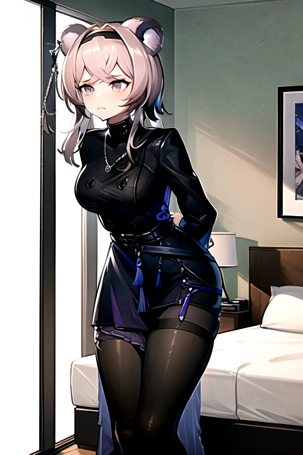 highest quality, masterpiece, High resolution, one person in, {Rin_Arknights:0.90}, 1 girl, black_dress, length_sleeve, looking away, leaning forward, cowboy_shot, Closed_mouth, ((hands tied behind)), ((arms behind back)), wide_sleeve, black_pantyhose, formal_alternine_Costumes, bed room, scowl, underground, Concrete floor, Concrete wall, hotel room, standing, Thighs together, black tights, Closed legs,