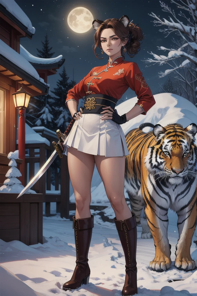 Masterpiece artwork, 4K, highly detailed,high qualiy,beautiful face of J Scott Campbell using ArtCalmV2,Kizi, tiger gaorta, Charismatic, dynamic pose, snowy forest at night, red chinese traditional clothes, white skirt, Brown boots,katana is carefully stored on his hip, has short light brown hair and tiger ears, beyond a tiger&#39;s tail, green eyes reflect a guarded posture and a display of resilience, surrounding environment is a forest landscape at night, illuminated by the dynamic light of the full moon, creating a contrast between the wild and relaxing environment, por Greg Rutkowski,