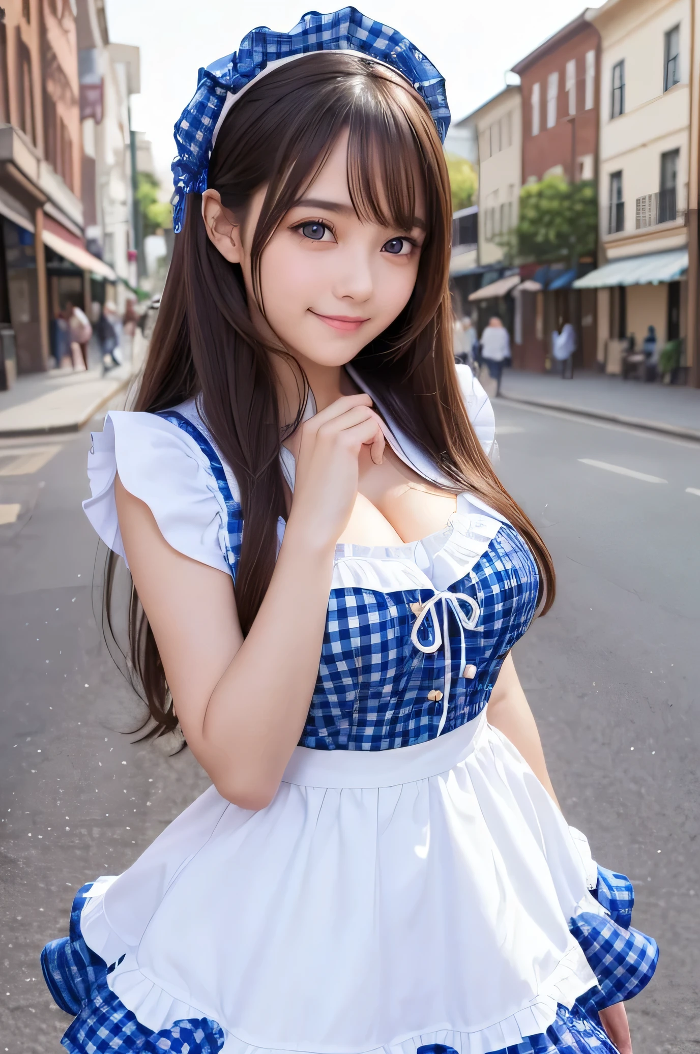 (Very beautiful  cute girl), (very  cute face:1.2),18 yo, (sparkling crystal clear attractive large eyes:1.2), Beautiful detailed eyes, Detailed double eyelids, (smiling), (realistic photograph:1.2), long straight brown hair,(Super shiny blue gingham maid costume :1),
(beautiful blue gingham Maid costume:1),cowboy shot,in the street 