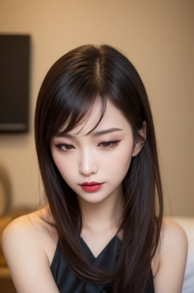 Tabletop, highest quality, shape, Very detailed, finely, High resolution, 8k wallpaper, Perfect dynamic composition, Beautiful and detailed,Random cute hair,,Natural color lip, Bold sexly pose, 20-year-old girl、sexly, Looking at the camera,Always blur the background,Perfect and beautiful face,Slim face and figure,Big eyes、Putting on gal makeup,Small face,Shooting from below、Blurred Background,Elegant feminine face、Cyberpunk Fashion、Change pose randomly、Randomly change the shooting angle and position, ra-detailed、Japanese、attractive beauty、seductive adult woman、pretty woman、piercing eyes、cool girl、swept bangs、Evil cadres、evil depravity、brainwash、mind control、lipstick、lip gloss、dark makeup、whisper in your ear、Evil expression、evil、hollow eyes,half-closed eyes、empty eyes、evil、vampire、succubus、vampire、Swear allegiance、sexly pose、hair ornaments、Charming, alluring, alluring, evil, seductive eyes, evil smile, exposed shoulders, exposed waist, exposed thighs, beautiful breasts, sexly pajamas, sexly cheongsam pajamas, on the bed, night, warm light, dark light