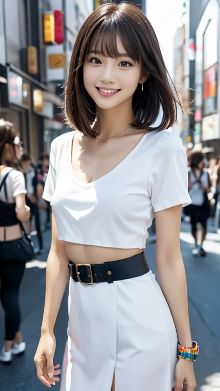 masterpiece, Highest quality, whole body, One girl, bangs, Japanese, black Long Hair, Short sleeve, blush, bracelet, clothes The surrounding area waist, clavicle, Cowboy Shot, , Eyebrows visible through hair, Gradient Hair, Grin, Long Hair, View your viewers, smile, alone,street, null,petal,figure, fashionable, woman, Vibrant, Costume, Pause, front, colorful, dynamic, background, element, have confidence, Performance, Holding, statement, accessories, Coiled, The surrounding area, touch, scene, article, cover, bold, to attract attention, title, stylish, font, Catchy, Heading, big, impressive, Modern, trend, concentrated, fashion、16age、