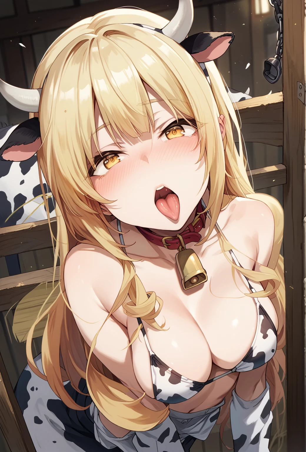 rose,blonde hair,yellow eyes,cow bikini,bell,cow ears,cow horns,collar,squinted eyes,blush,naughty face,tongue out,outdors