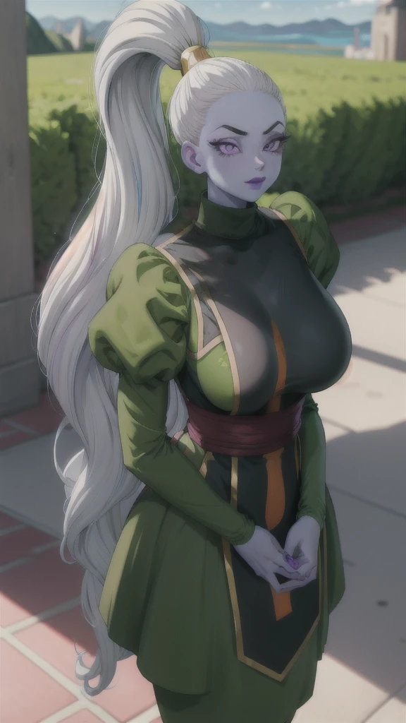 Dress_DragonBallSuper_Vados_ownwaifu, 
1girl, blue skin, white hair, hair pulled back, high ponytail, purple eyes, colored skin, alien, long hair, very long hair, lipstick, makeup, purple lips, breasts, large breasts, cleavage, down blouse, eyelashes,  jewelry, purple nails,
puffy sleeves, long sleeves, dress, juliet sleeves, sash, green skirt,  puffy long sleeves, turtleneck,
((masterpiece)),((best quality)),(highres, absurdres), original, bokeh, depth_of_field, scenery, spotlight, focused, looking at viewer, solo, cowboy shot,