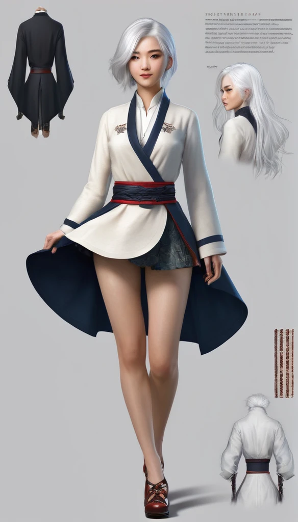 character design sheet, Woman, Young, White hair, , legs showing, pretty legs, not Mark Reiden style, Xue Wang, exquisite workmanship, high détail, 8k, realisitic, inscriptions with technical characteristics, character description given, your strengths are shown