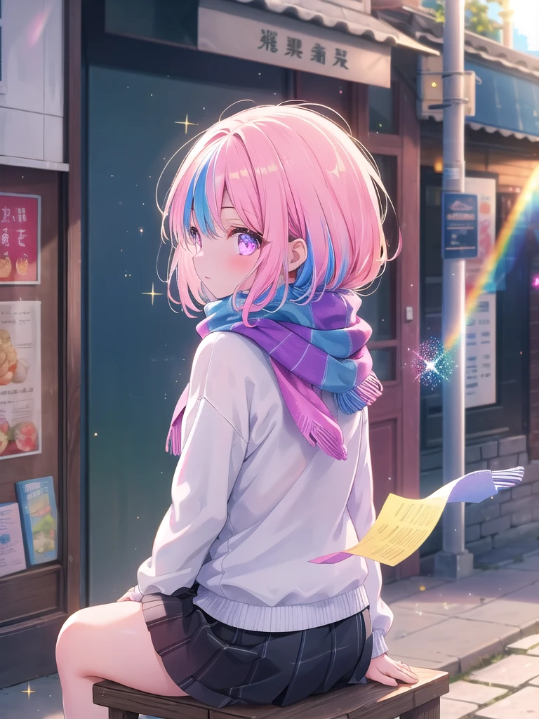 ((8k, best quality, master piece: 1.3)),super high resolution,(1 girl, 独奏), (colorshift eyes, hyperdetailed, expressive sparkling, glitter, glowing eyes), ultra detailed eyes, ultra-detailed face, random hair, ((pastel color)), , Back view, A girl sitting alone in a street corner cafe。I can see her thinking about something from behind。tight knit sweater、skirt、A scarf that hangs from the back, A stunning scene with a vibrant rainbow lens flare effect. The light source is positioned behind the main subject, creating a spectrum of colors that spread across the image. The light reflects off various surfaces, adding a magical and dreamy quality to the scene. The background is slightly blurred to emphasize the glowing and shimmering effect of the lens flare.
