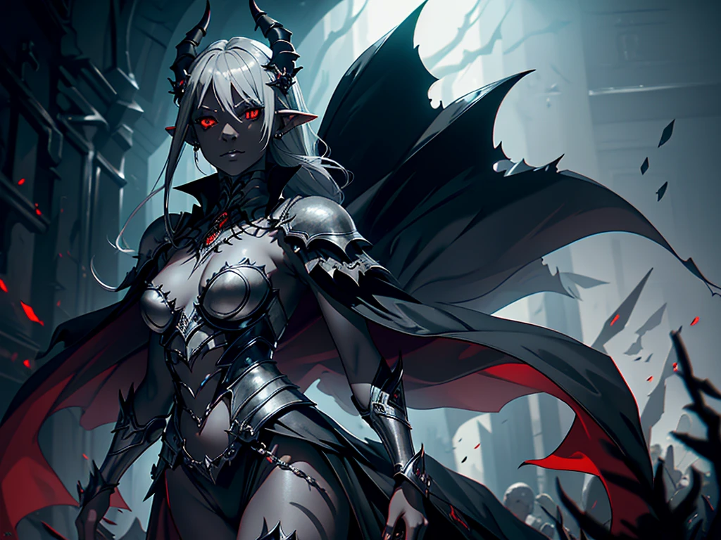 1girl, horror, dark elf princess, elden ring, (dark grey skin:1.5), true white long ponytail, ((perfect red eyes)), elf ears, earrings, highly detailed mechanical horns, (small breasts), ((black gothic prom dress)), wearing black fur cloak, bone armor, skull armor, volumetric lighting, ethereal fog, dark background, ultrasharp, best quality, masterpiece, realistic, anatomically correct, (strong cinematic lighting), ((rim lighting)), stunning details, intricate details, 8k post-production, high resolution, super details, sharp focus, depth of field f/1.8, studio photos, (((looking at camera)))