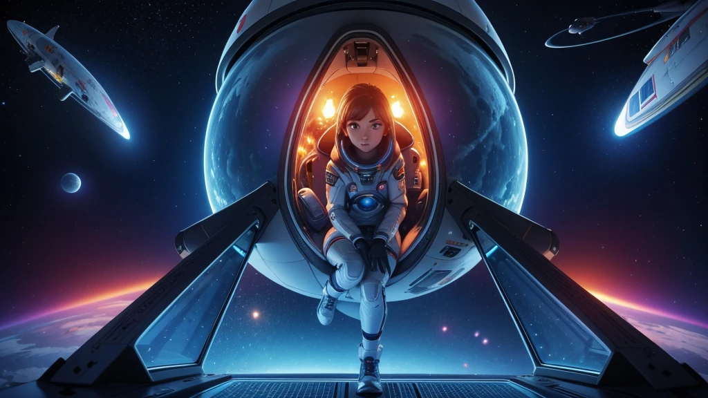 A teenage girl wearing futuristic space suits, inside a space capsule in space, in the background of the image a burning planet, spaceships flying in the background