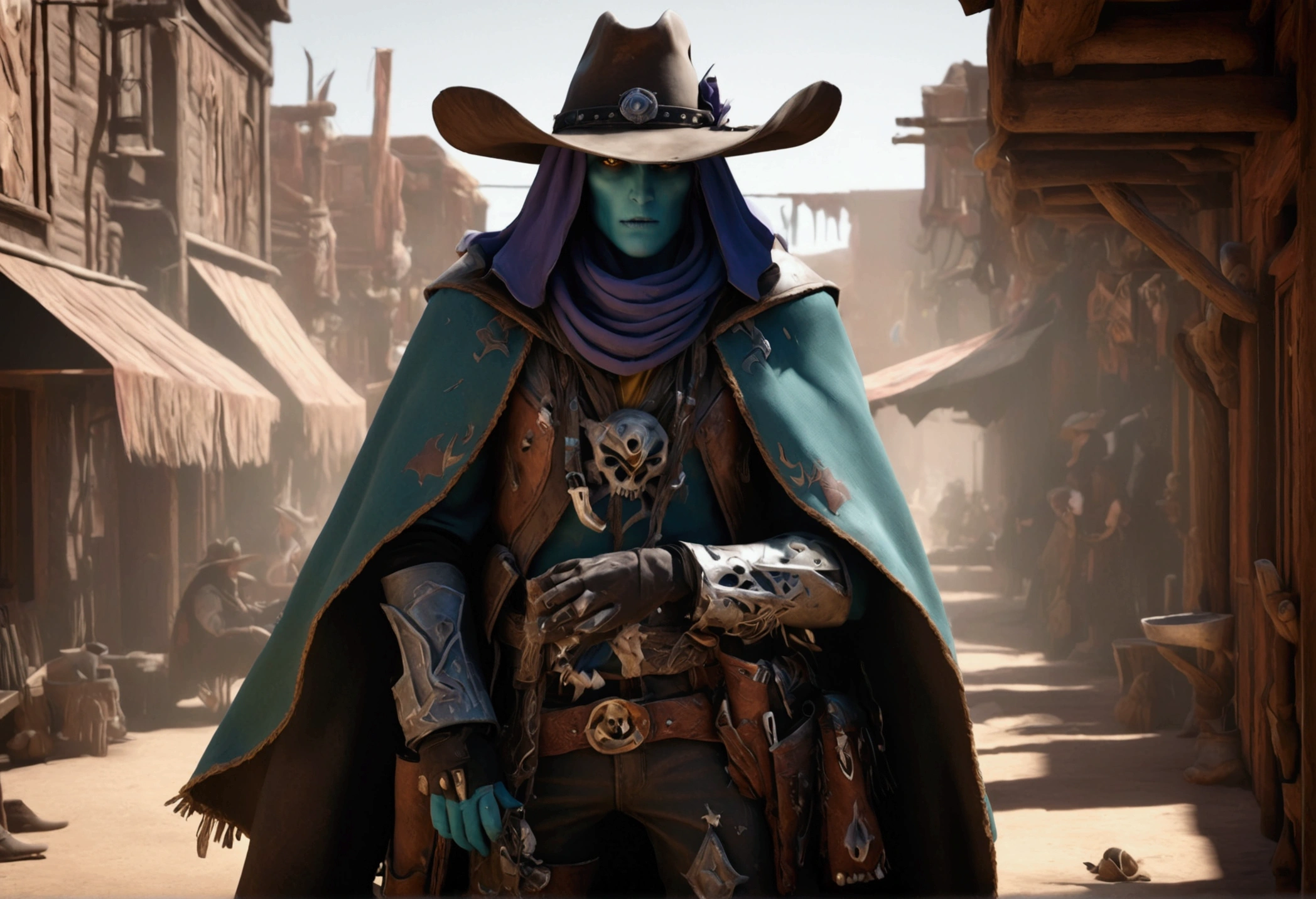 a cowboy in a Warhammer 40k universe, old west town, dead eldar witches, scared civilians in the shadows, cinematic dramatic lighting, ultradetailed, photorealistic, 8k, hyperrealistic, trending on artstation