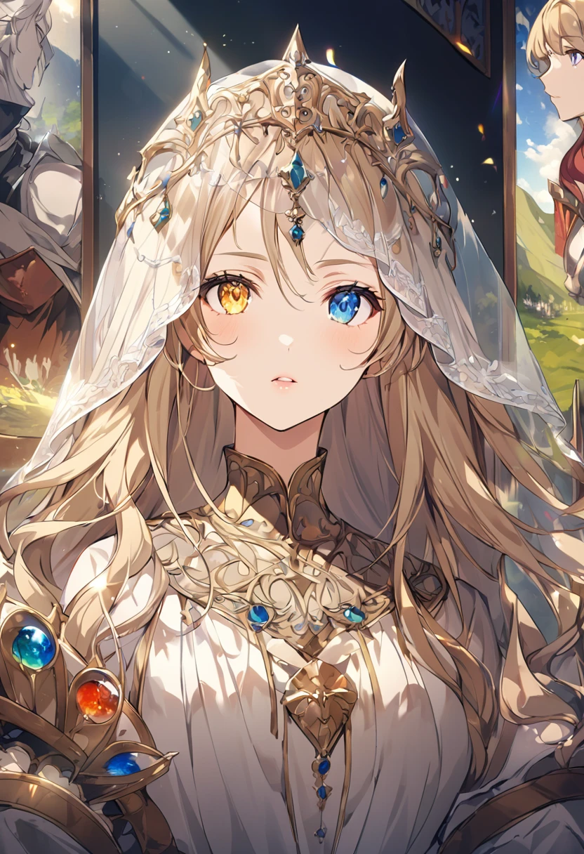 sakimiChanStyle, Urop Style, Portraiture, Detailed painted face, Beautiful woman, Fuller lips, Opaque Veil, Medieval Veil, Head rail, 12th century, Eyes with heterochromia, Rainbow Eyes, Medieval costume, Brot, Lord of the Rings Gown, Near perfect, Beautiful anime style, Character Panorama, Beautiful and detailed face, Shining Shadow, Beautiful gradation, Depth of written boundary, Beautiful graphics, high quality, Attention to detail, High resolution, Luminous Studio Graphics Engine