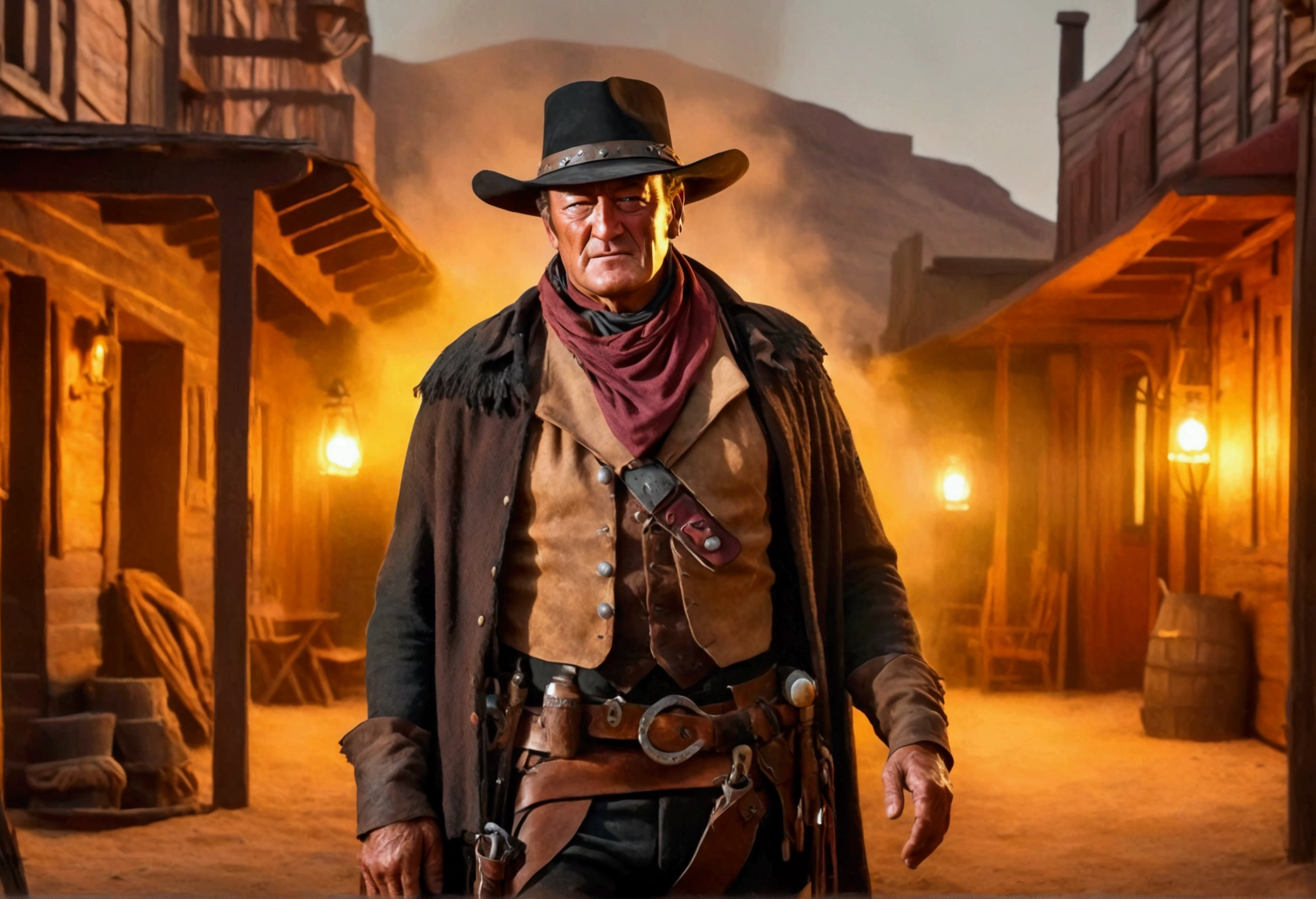 a cowboy (John Wayne) in an old West town, has shot dead Eldari witches, scared people watching from shadows, Warhammer 40k, dark fantasy, cinematic lighting, highly detailed, realistic, photorealistic, dramatic, masterpiece, 8k, HDR, volumetric lighting, intricate details, moody atmosphere, dynamic pose, chiaroscuro, golden hour, dramatic shadows, rich textures