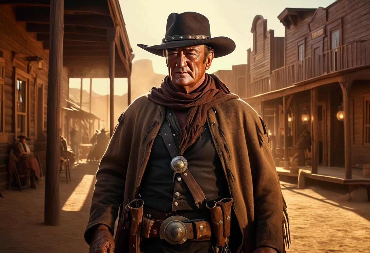 a cowboy (John Wayne) in an old West town, has shot dead Eldari witches, scared people watching from shadows, Warhammer 40k, dark fantasy, cinematic lighting, highly detailed, realistic, photorealistic, dramatic, masterpiece, 8k, HDR, volumetric lighting, intricate details, moody atmosphere, dynamic pose, chiaroscuro, golden hour, dramatic shadows, rich textures