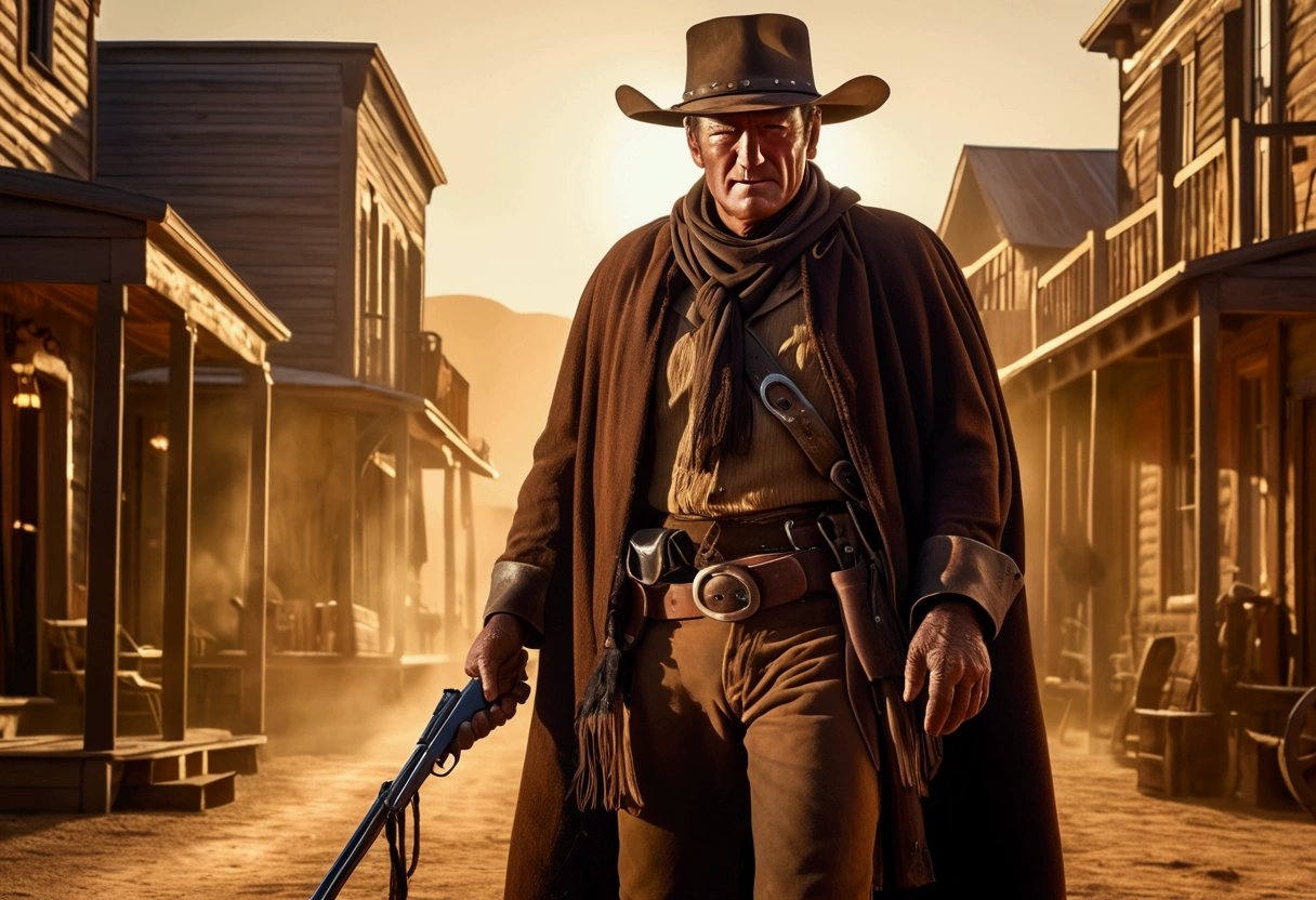 a cowboy (John Wayne) in an old West town, has shot dead Eldari witches, scared people watching from shadows, Warhammer 40k, dark fantasy, cinematic lighting, highly detailed, realistic, photorealistic, dramatic, masterpiece, 8k, HDR, volumetric lighting, intricate details, moody atmosphere, dynamic pose, chiaroscuro, golden hour, dramatic shadows, rich textures