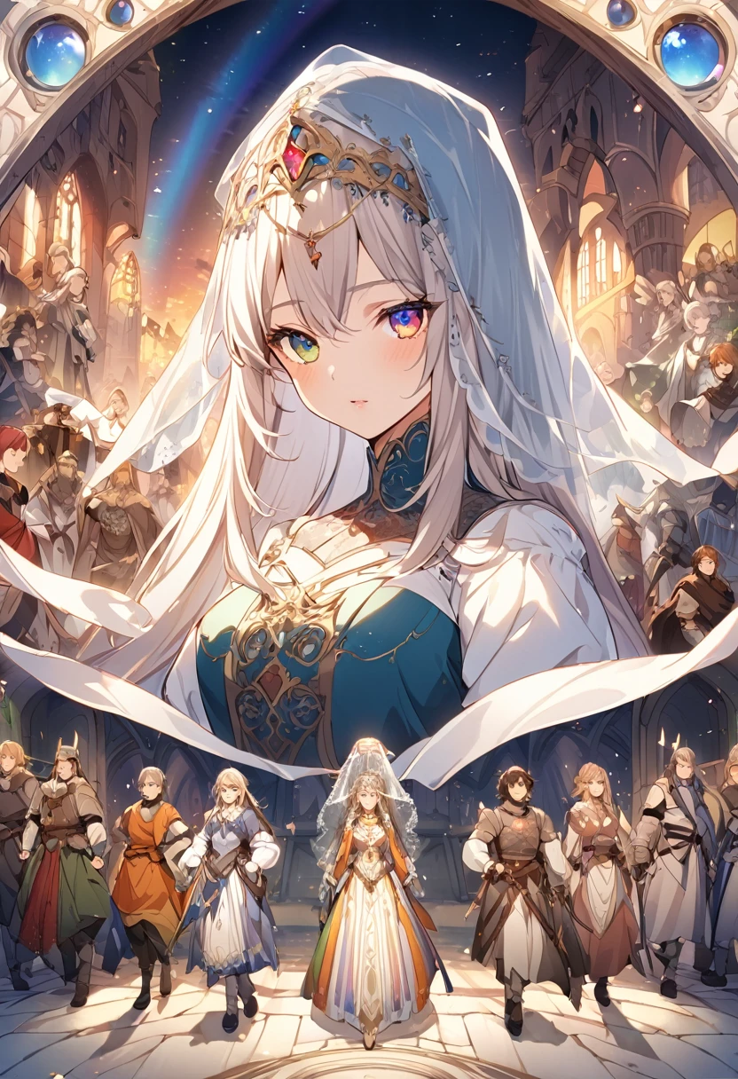sakimiChanStyle, Urop Style, Portraiture, Detailed painted face, Beautiful woman, Fuller lips, Opaque Veil, Medieval Veil, Head rail, 12th century, Eyes with heterochromia, Rainbow Eyes, Medieval costume, Brot, Lord of the Rings Gown, Near perfect, Beautiful anime style, Character Panorama, Beautiful and detailed face, Shining Shadow, Beautiful gradation, Depth of written boundary, Beautiful graphics, high quality, Attention to detail, High resolution, Luminous Studio Graphics Engine