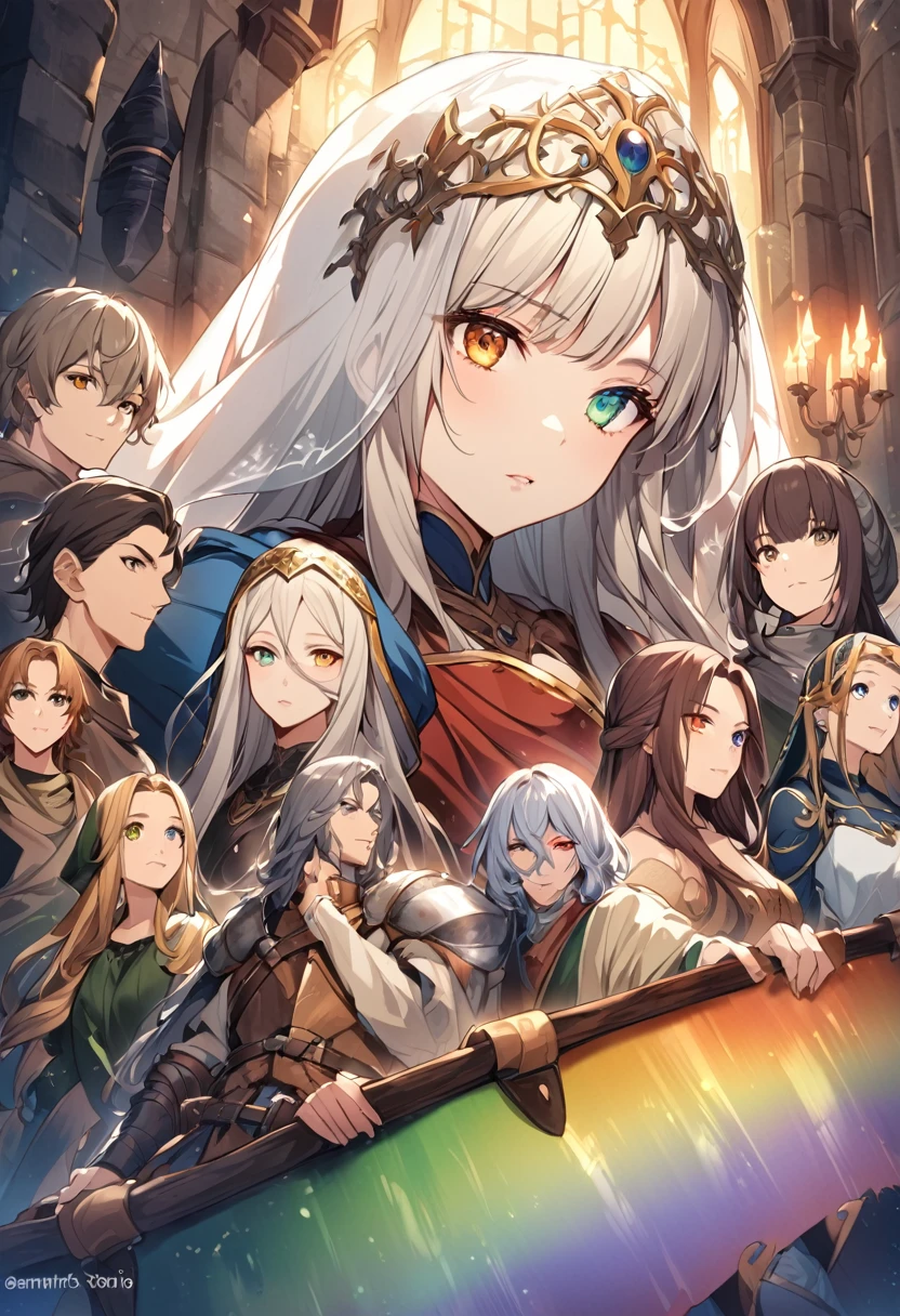 sakimiChanStyle, Urop Style, Portraiture, Detailed painted face, Beautiful woman, Fuller lips, Opaque Veil, Medieval Veil, Head rail, 12th century, Eyes with heterochromia, Rainbow Eyes, Medieval costume, Brot, Lord of the Rings Gown, Near perfect, Beautiful anime style, Character Panorama, Beautiful and detailed face, Shining Shadow, Beautiful gradation, Depth of written boundary, Beautiful graphics, high quality, Attention to detail, High resolution, Luminous Studio Graphics Engine