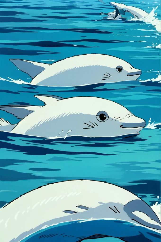 ghibli style, ghibli, A school of dolphins gracefully swimming through open waters, their playful antics captivating all who witness them, (masterpiece,best quality:1.5),