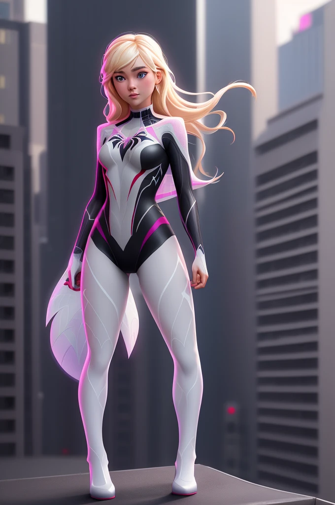 ((Full body shot, standing, feet on the ground)) close up 1girl in, ager, Solo, Aesthetic artwork, blond, straight blonde hair, super long blonde hair, light blue eyes, some small freckles, pale skin, A-cup, small breasts, runners body, (thin hips, thin waist: 1.25), detailed skin, shy smile, (action shot falling: 1.25), ((She wears Spider-gwen suit from into the spider verse)), pink and black color scheme, spider web pattern, very detailed city roof background, rooftop, overlooking the city, 50mm, 4k textures, soft cinematic light, RAW intricate, elegant, highly detailed, sharp focus, ((((cinematic look)))), soothing tones, insane details, intricate details, hyperdetailed, low contrast, soft cinematic light, dim colors, exposure blend, hdr, faded