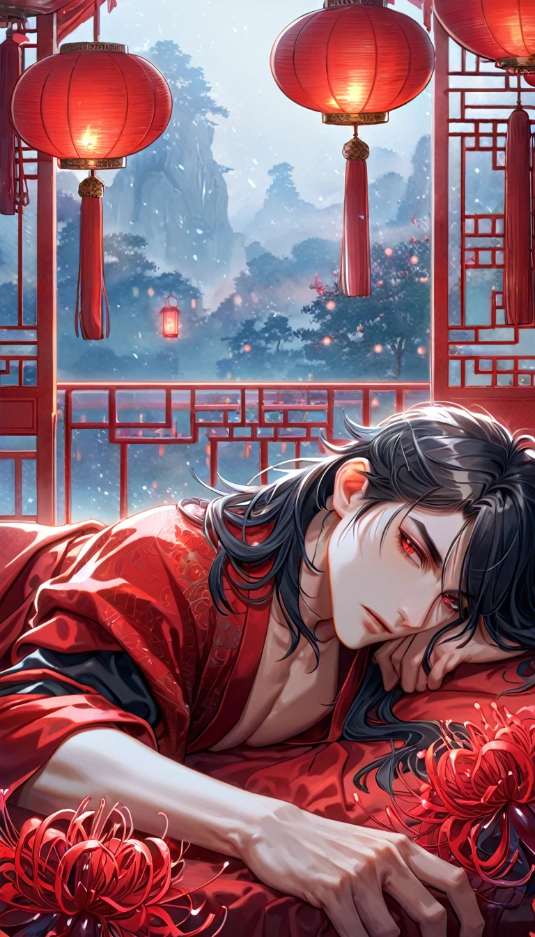absurdres, highres, ultra detailed, HDR, master piece, best quality, extremely detailed face, delicated features, Xue Yu, untamed spiky hair, black hair, long hair, hair between the eyes, expressive red eyes, Thousand Years War, solo, sexy man lying on a bed, handsome, toned chest, black haori, red fantasy robes, room, bed, magical, red spider lilies, red lanterns, red floating round lights, Chinese ambiance