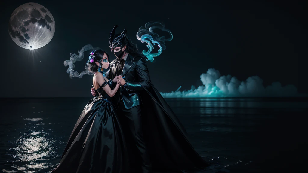 long shot, mystery mask man in black masquerade clothes dancing with a beautiful dress masquerade woman on water, full moon in the night sky, high detail, wide shot, 4K, 3D, REALISTIC, (iridescent glow smoke), UHD, 32K, very bold neon colors, black light, neon light