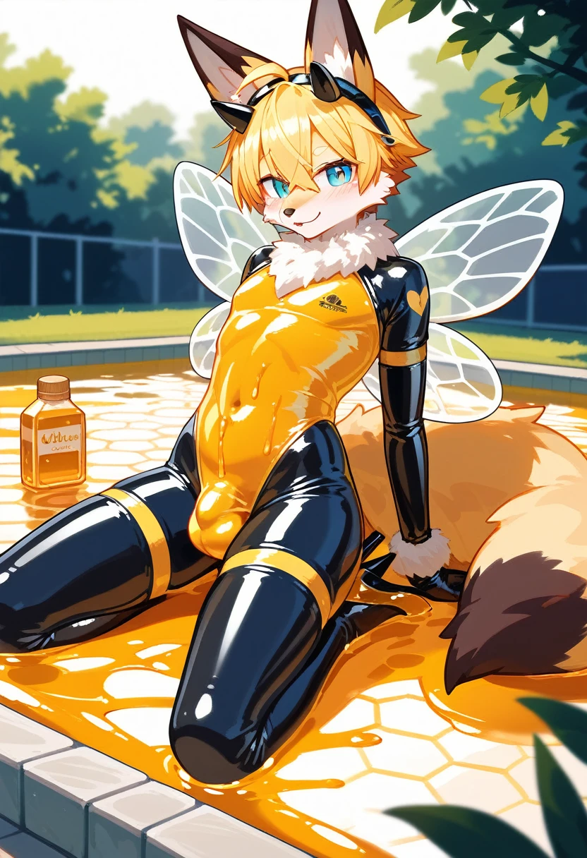 Highest quality, Highest quality, High quality illustrations, masterpiece, Ultra-high resolution, Detailed Background, honeycomb, Honey Pool, in the forest, Absurd, Perfect Anatomy, performance, Good lighting, Shadows in the movies(kemono, Furry Personifi猫ion), fox, male, Rubber Suit, Honey Latex, Honey lotion, neon, neonカラー, cyber punk, Bee costume, Bee Cosplay, Rubber bee tail, Bee Wings, enamel, Honey Pool, Honey lotionを浴びている, Covered in honey slime, Kneeling, Tattoo, High heels, null bulge, Lying down, Dynamic Angle