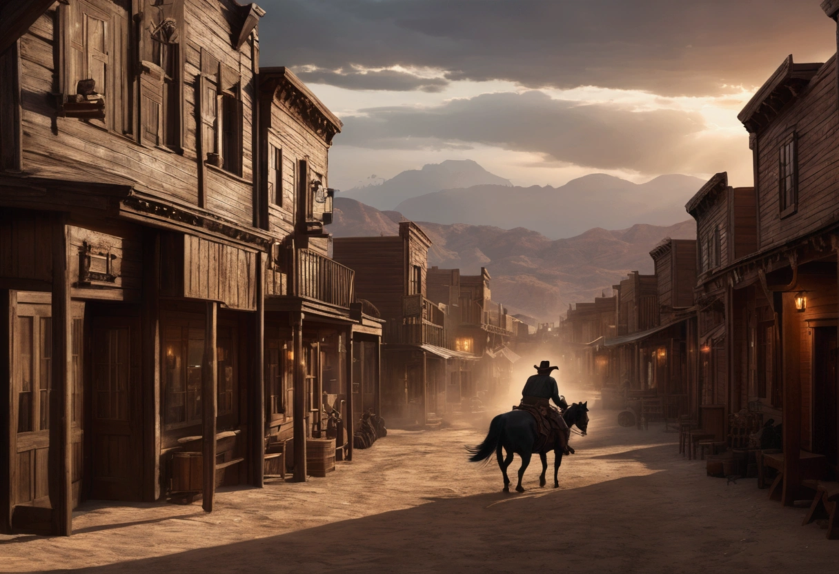 a cowboy (John Wayne) in an old West town, has shot dead Eldari witches, scared people watching from shadows, Warhammer 40k, dark fantasy, cinematic lighting, highly detailed, realistic, photorealistic, dramatic, masterpiece, 8k, HDR, volumetric lighting, intricate details, moody atmosphere, dynamic pose, chiaroscuro, golden hour, dramatic shadows, rich textures
