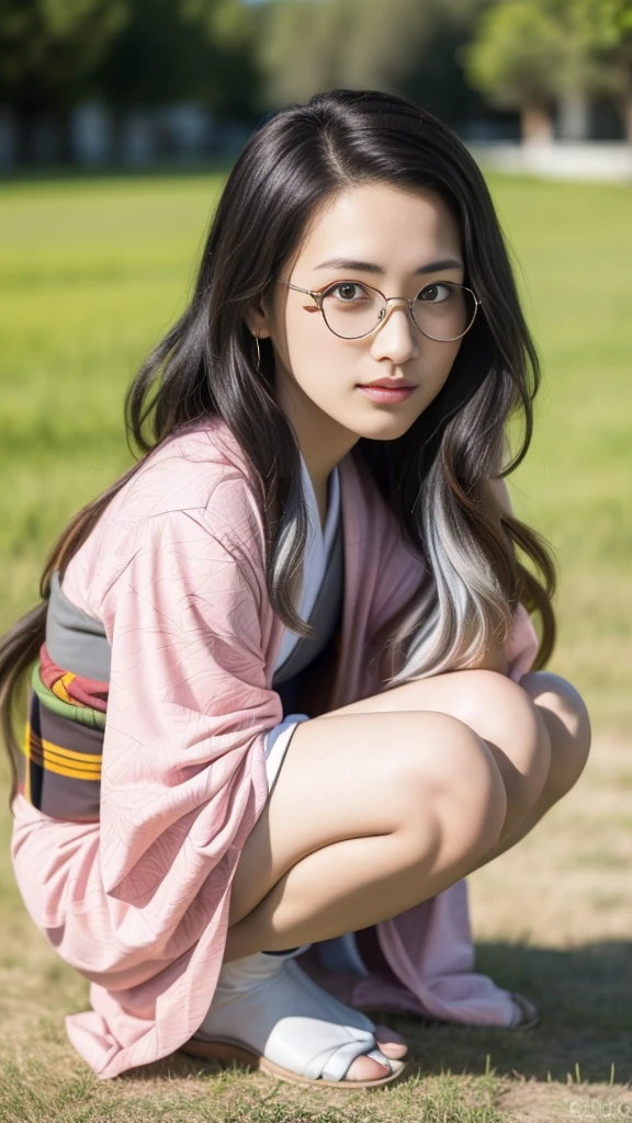 Cute Japanese woman, (), (very cute face), white moist skin, looking at camera, melancholy expression, (pink bright eyes: 1.4), (black frame glasses: 1.3)
BREAK,
Idol, (very beautiful berserker woman: 1.3), (dynamic pose: 1.3),
BREAK,
(wearing pink cute kimono: 1.3), (highly revealing kimono), very large earrings, short length, (has black grass tattoo on body: 1.3),
BREAK,
(long hair), (light gray hair: 1.4), (wavy hair), (gradient hair: 1.3), (red tips: 1.3),
BREAK,
(realistic: 1.3), masterpiece, perfect lighting, (ultra high resolution), (8K), (highly detailed: 1.4), (from the front), (full body: 1.4), (symmetrical: 1.2), (one shot),
BREAK,
(large city in Japan: 1.2),