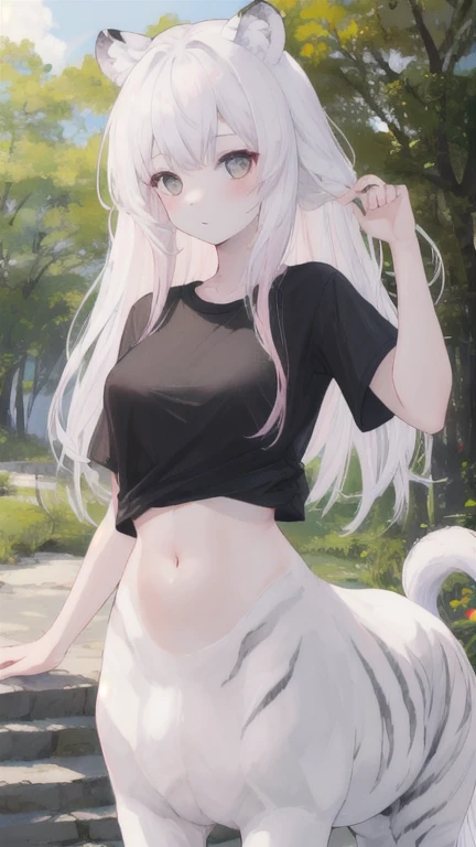 (best quality, masterpiece), 1 girl, centaur, It takes, White skin, Korean ,daughter,black pink, exposing the abdomen, belly button t-shirt , 아름다운 소녀 Perfect wild white tiger photo, Perfect wild white tiger photo
