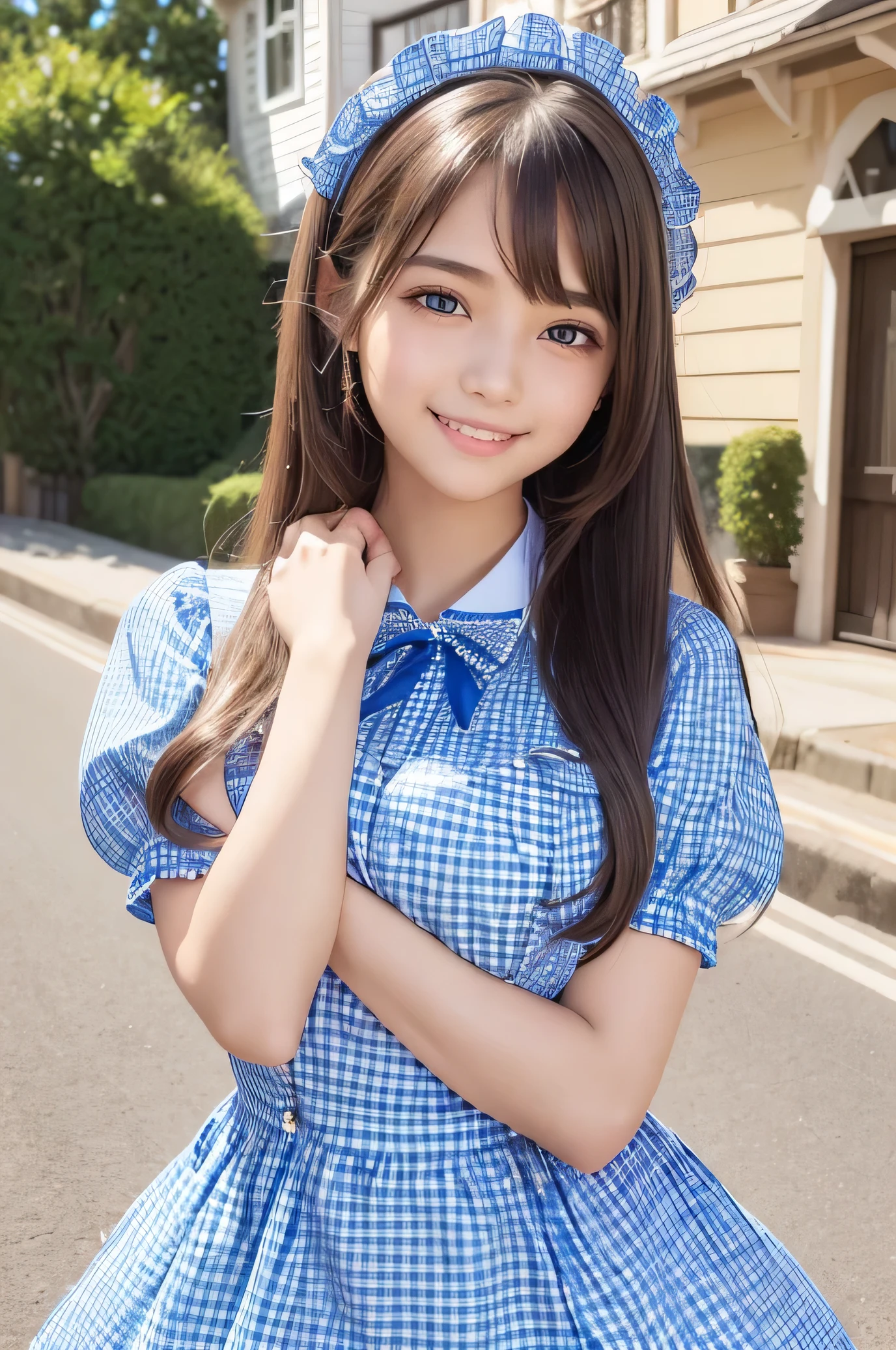 (Very beautiful cute girl), (very cute face:1.2),18 yo, (sparkling crystal clear attractive large eyes:1.2), Beautiful detailed eyes, Detailed double eyelids, (smiling), (realistic photograph:1.2), long straight brown hair,(Super shiny blue gingham maid costume :1),
(beautiful blue gingham Maid costume:1),cowboy shot,in the street