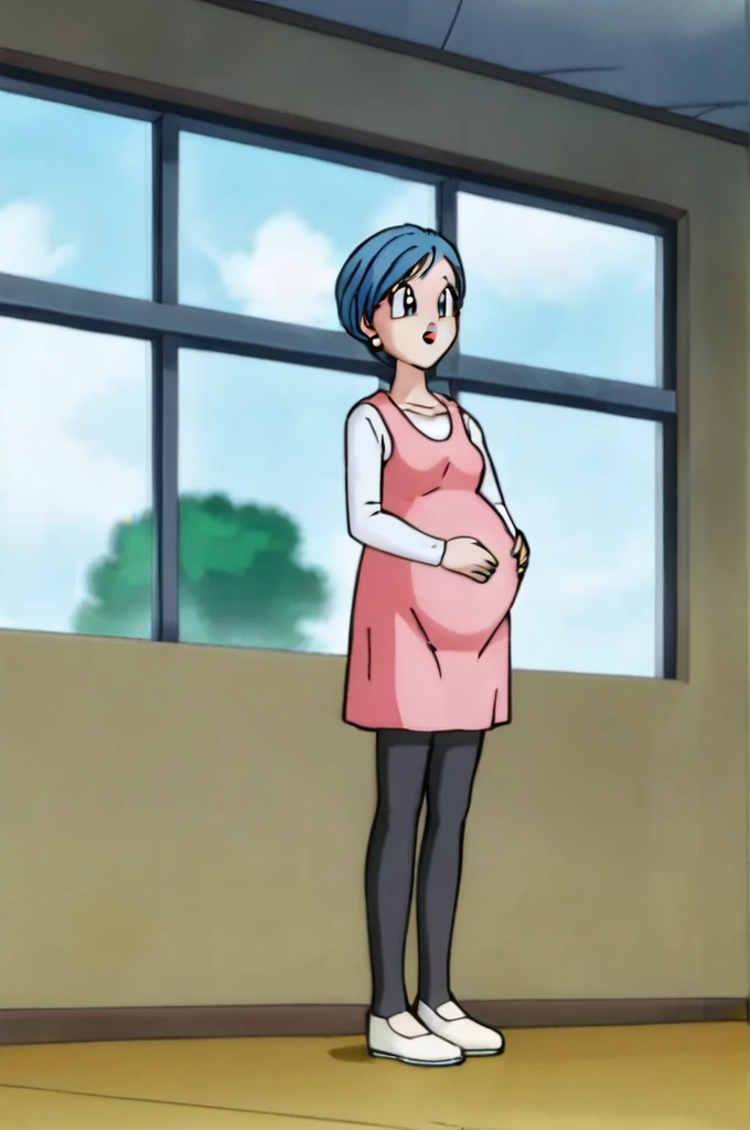 source_anime, score_9, score_8_up, score_7_up, anime screencap,8k, absurd res,
bulma, 1girl, open mouth, blue eyes, long sleeves, pink dress, white undershirt, standing, window, blue hair, sky, day, cloud, :o, pregnant, black tights, white footwear, shoes, no socks
