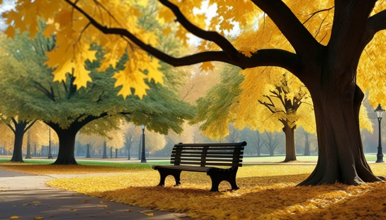 romantic autumn scene, a park bench under a large deciduous tree, yellow leaves falling everywhere,UHD,(Best Quality),(Masterpiece Photos), (Details:1.4),(8k Highly Detailed)(Best Quality),(Best Shading)
