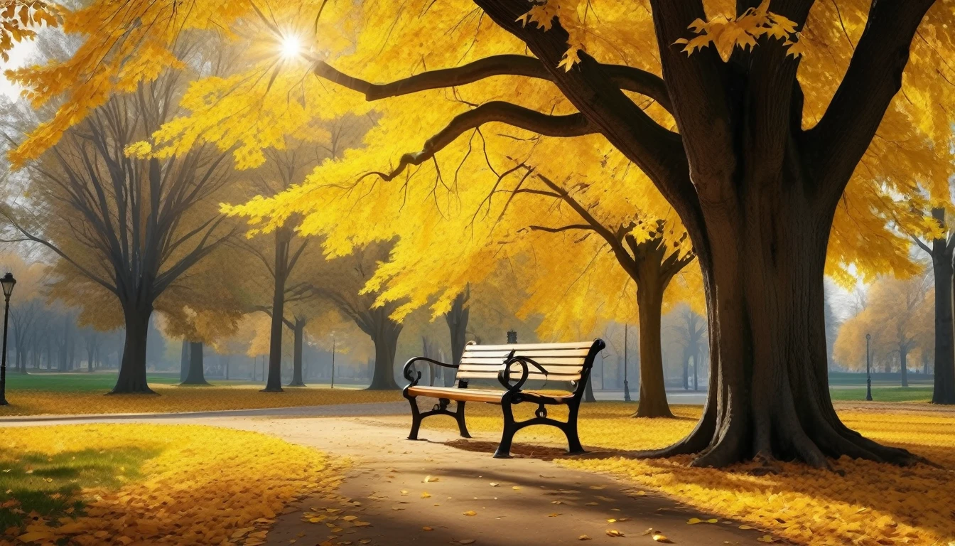 romantic autumn scene, a park bench under a large deciduous tree, yellow leaves falling everywhere,UHD,(Best Quality),(Masterpiece Photos), (Details:1.4),(8k Highly Detailed)(Best Quality),(Best Shading)