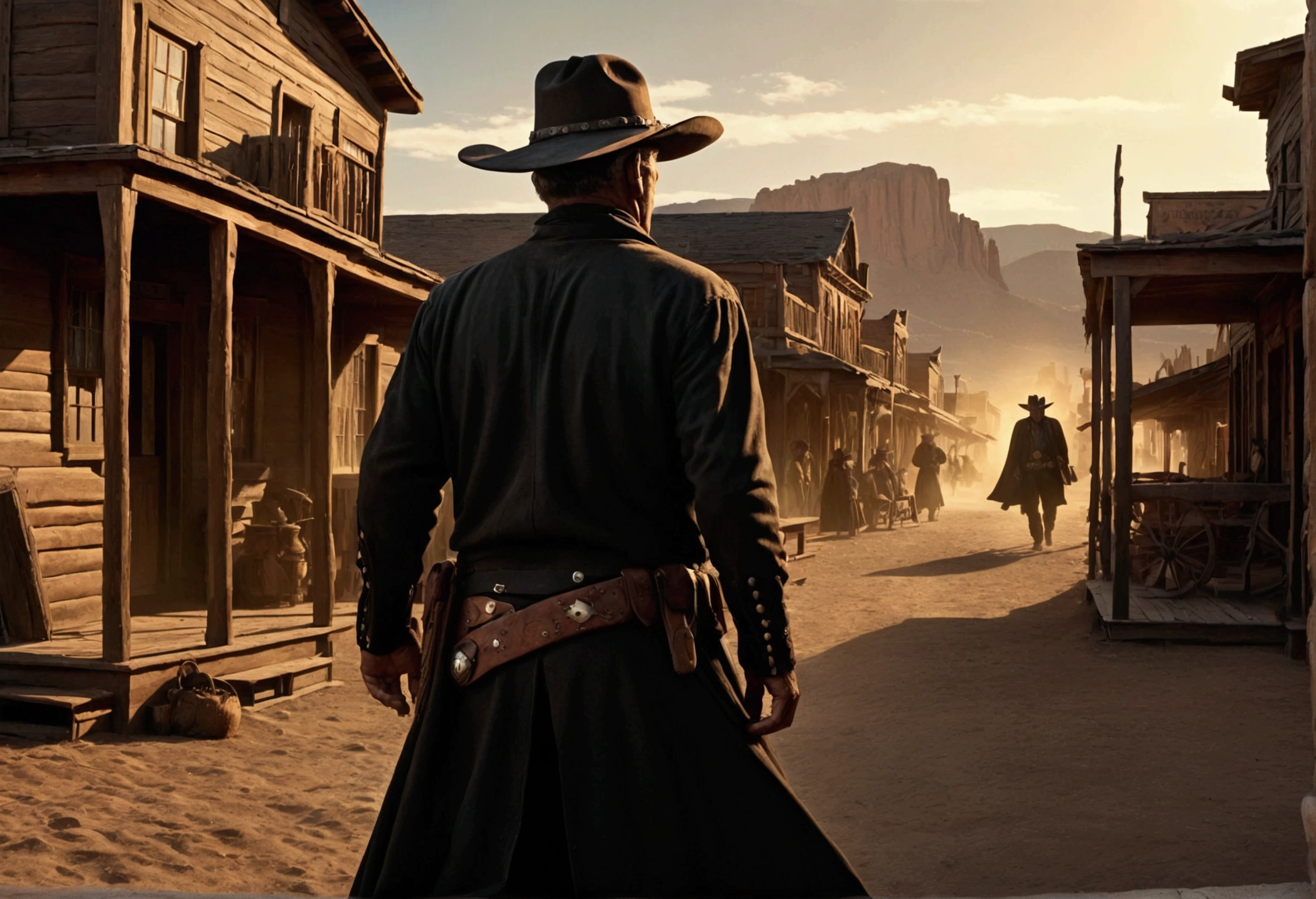 a cowboy (John Wayne) in an old West town, has shot dead Eldari witches, scared people watching from shadows, Warhammer 40k, dark fantasy, cinematic lighting, highly detailed, realistic, photorealistic, dramatic, masterpiece, 8k, HDR, volumetric lighting, intricate details, moody atmosphere, dynamic pose, chiaroscuro, golden hour, dramatic shadows, rich textures
